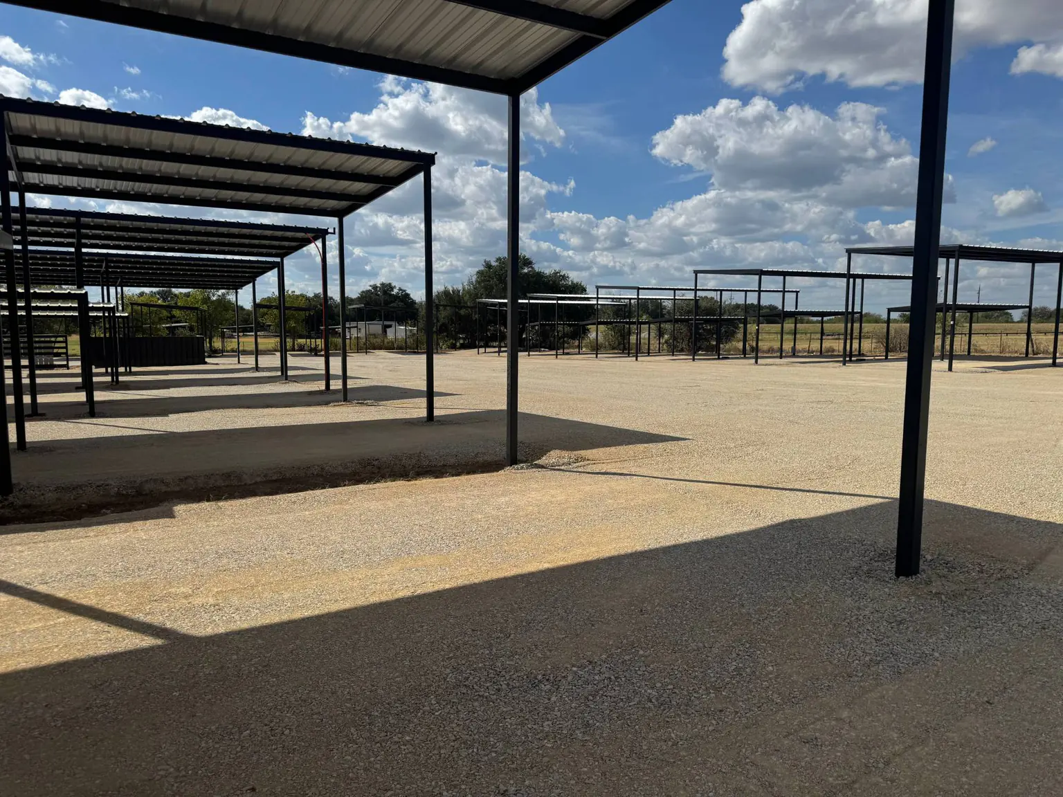 Rows of covered RV sites under an open Texas sky